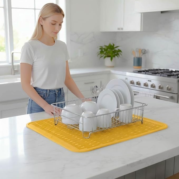 MicoYang Silicone Dish Drying Mat for Multiple Usage,Easy clean,Eco-friendly,Heat-resistant Silicone Mat for Kitchen Counter or Sink,Refrigerator or Drawer Liner Yellow 2XL 24 inches x 18 inches