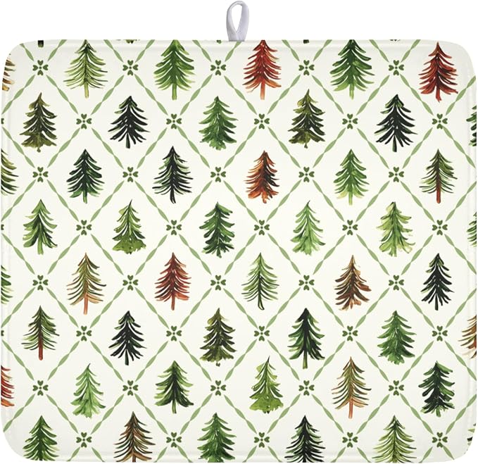 Christmas Dish Drying Mat for Kitchen Counter Xmas Theme Green Trees Dish Drainer Mat Rustic Farmhouse Winter Holiday Absorbent Washable Drying Pad 16"x18"