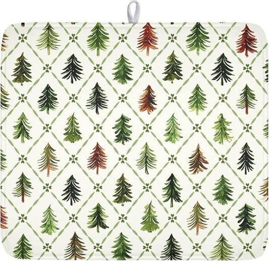 Christmas Dish Drying Mat for Kitchen Counter Xmas Theme Green Trees Dish Drainer Mat Rustic Farmhouse Winter Holiday Absorbent Washable Drying Pad 16"x18"