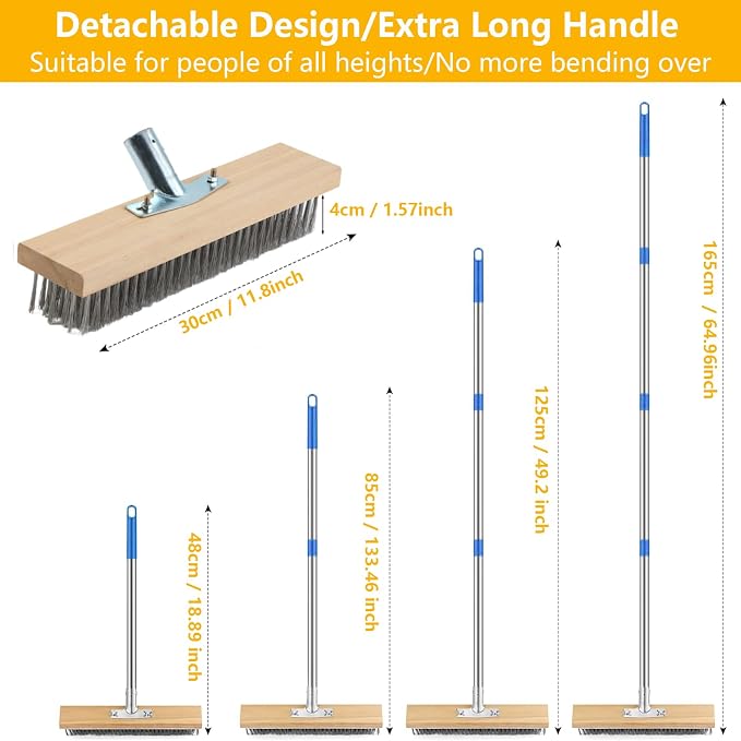 Stainless Steel Deck Brushes for Scrubbing Heavy Duty, 65" Deck Scrub Brush with Long Handle - Concrete Scrub Brush Stiff Metal Bristle Concrete Brush for Cleaning Moss Patio Garage Garden Pool Floor