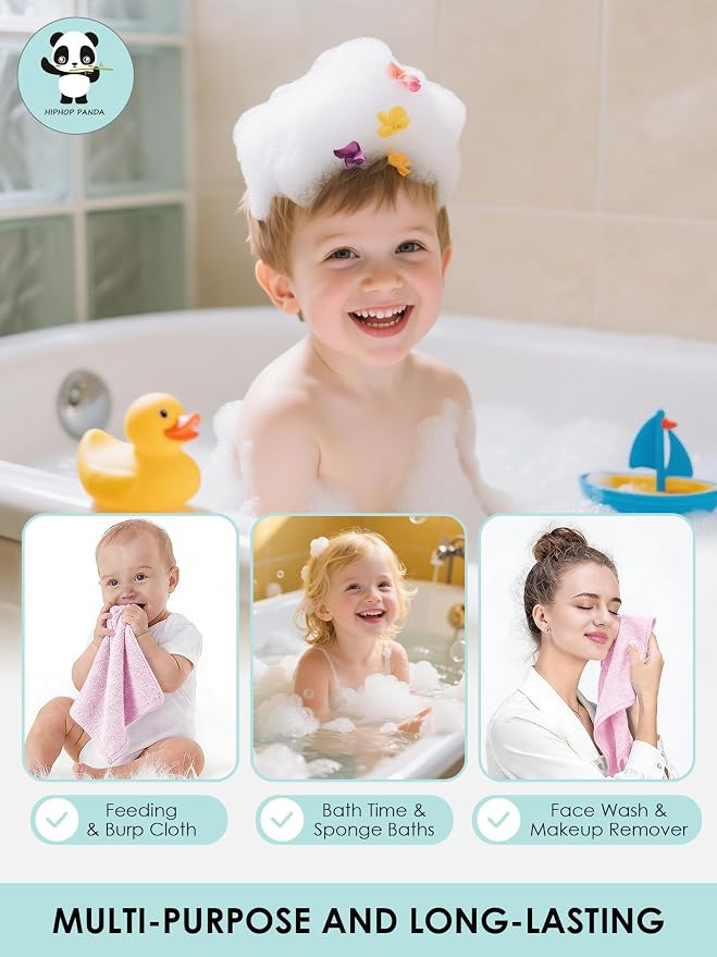 HIPHOP PANDA Baby Washcloths, Rayon Made from Bamboo - 2 Layer Ultra Soft Absorbent Newborn Bath Face Towel - Reusable Baby Wipes for Delicate Skin - Pink, 6 Pack