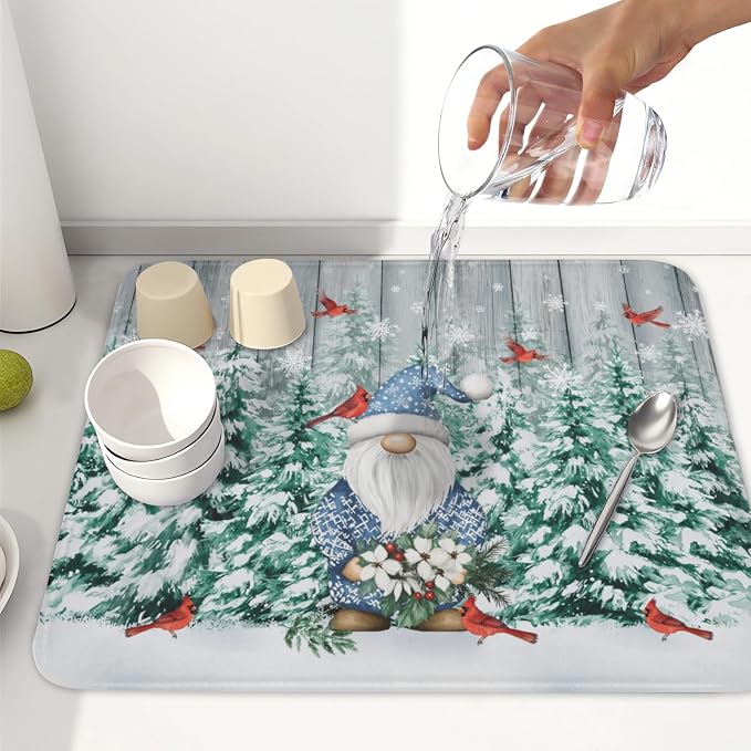 Giwawa Winter Gnome Dish Drying Mat Pine Tree Dishes Pad 16"x18" Microfiber Absorbent Fast Dry Drainer Rack Mats Protector for Kitchen Countertop