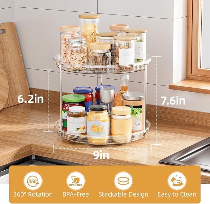 LAMU 2 Tier Lazy Susan Turntable Organizer for Cabinet, 9'' Rotating Spice Rack for Kitchen, Pantry, Countertop, Bathroom, Vanity, Under Sink, Medicine Cabinet Organizer, 3 Pack