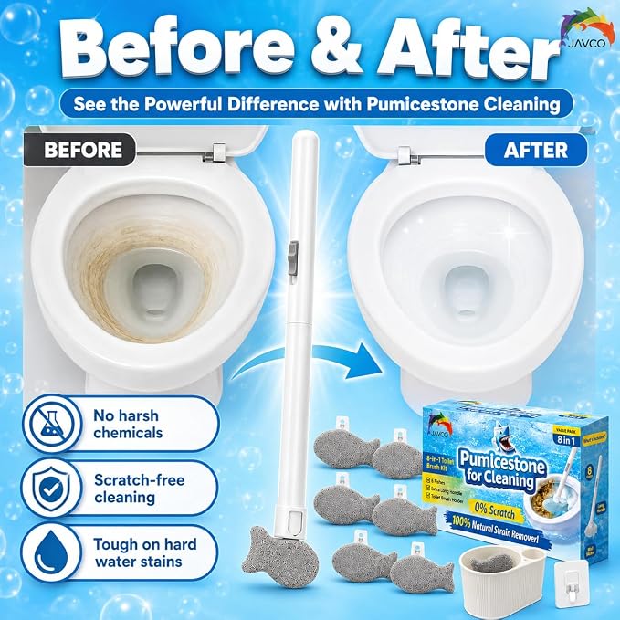 Pumice Stone for Toilet Bowl Cleaning, 8-in-1 Toilet Cleaning Kit with 6 Replaceable Fish Heads, 17" Extra Long Handle, Wall Mount Holder, Removes Hard Water Stains, Mineral Deposits & Rust Rings