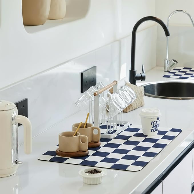 Ohocut Checkered Dish Drying Mat for Kitchen Counter, Coffee Bar Station Accessories, Retro Cute Aesthetic Modern Absorbent Drainer Mat Kitchen Drying Mat Easy Clean (Navy Blue, 24" x 16")
