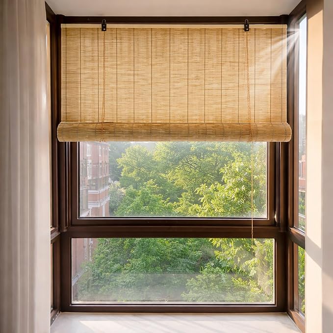 Bamboo Roman Shades for Windows, Roll Up Blinds for Indoor & Outdoor Patio, Natural Reed Light Filtering Sun Shade for Porch, Matchstick Window Treatments, 36 46 60 96 H(Natural,34" W x 60" H)