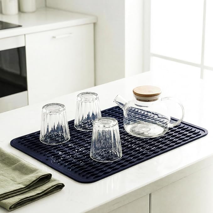 MicoYang Silicone Dish Drying Mat — Quick-Dry Ridges Counter & Sink Pad, Heat-Resistant Trivet to 450°F, Non-Slip & Dishwasher Safe, Roll-Up Storage, 18 Colors & 9 Sizes (Navy Blue, 16"×12")
