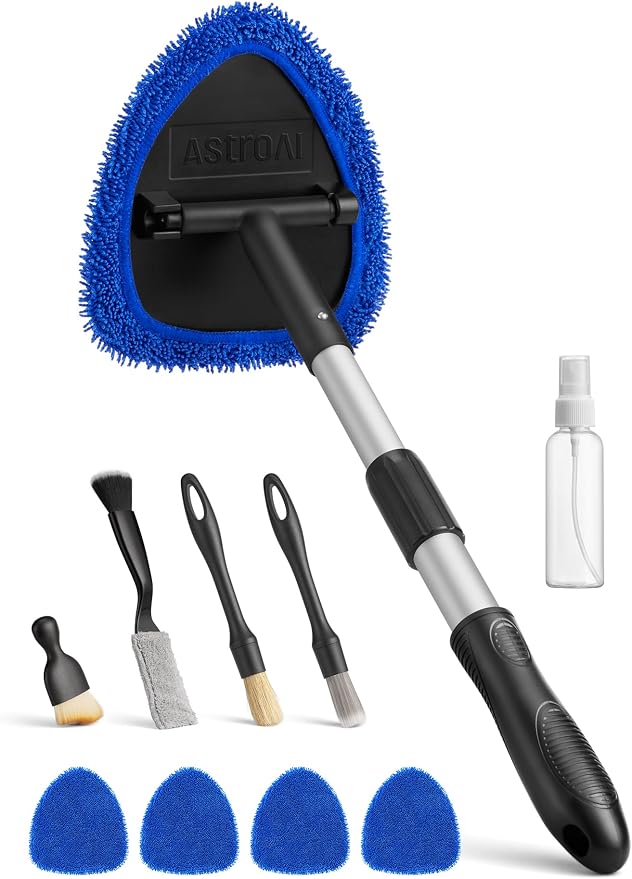 AstroAI 8pcs Windshield Cleaner Tool, Car Interior Detailing Kit with AC Vent Brush, 3 Cleaning Brushes, 4 Microfiber Pads and Spray Bottle, All-Inclusive Cleaning Solution, Car Accessories, Blue