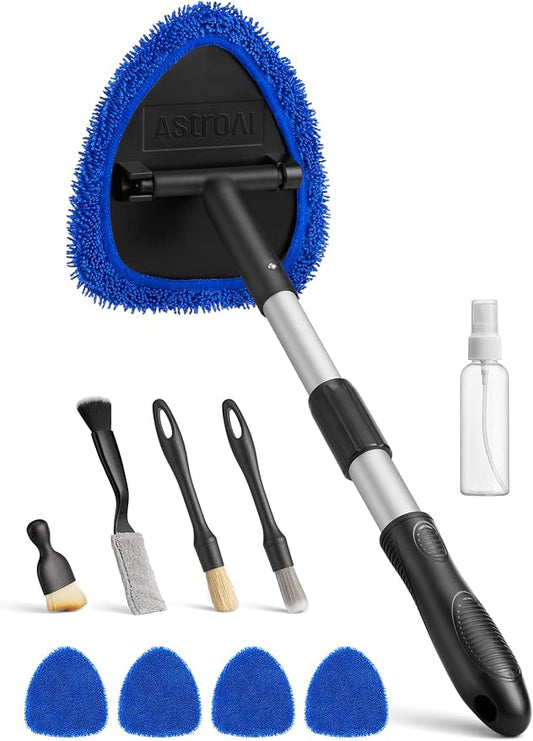 AstroAI 8pcs Windshield Cleaner Tool, Car Interior Detailing Kit with AC Vent Brush, 3 Cleaning Brushes, 4 Microfiber Pads and Spray Bottle, All-Inclusive Cleaning Solution, Car Accessories, Blue