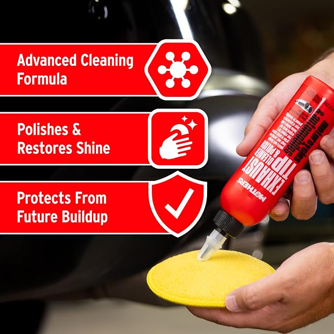 Mothers Exhaust Tip Cleaner & Polish, 8 oz. (05138) | Cleans, Polishes & Protects Stainless Steel, Chrome & Black Chrome Tips, Removes Baked-on Carbon, Soot & Tarnish