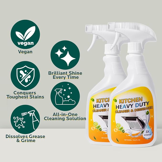 2Pcs Degreaser Cleaner Heavy Duty Spray: Foaming Kitchen Cleaner Cuts Through Baked-On Grease on Ovens Stove Tops Grills - Clean Up Kitchen Oil Stains Spray for Multi-Surface Cookware & Countertop