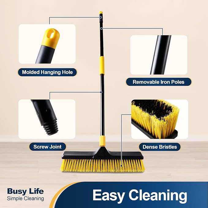 Yocada 18 Inch Push Broom Heavy-Duty Outdoor Commercial Broom Brush | Stiff Bristles for Cleaning Patio Garage Deck Concrete Wood Stone Tile Floor 65.3 inch Long