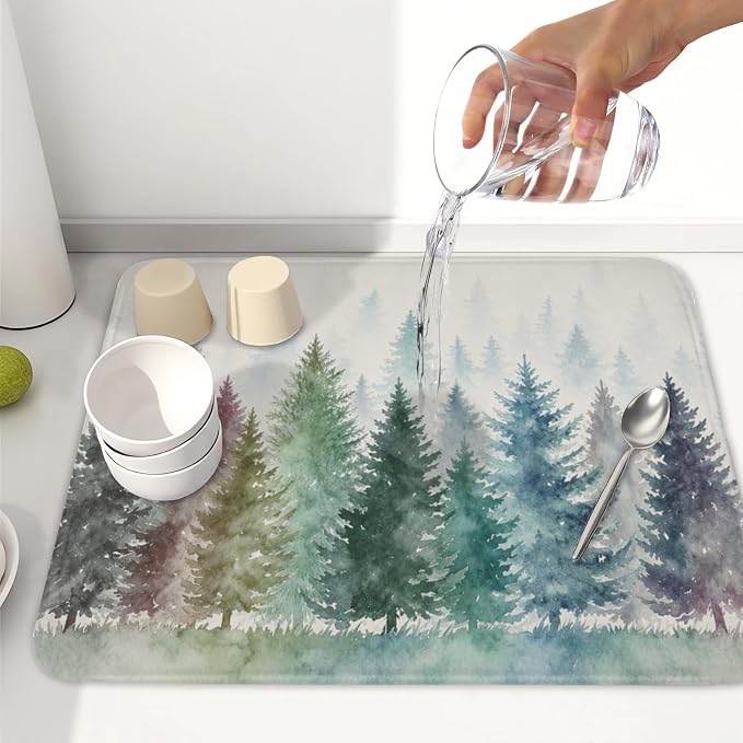 Giwawa Pine Tree Dish Drying Mat Natural Forest Fog Microfiber Dishes Pad 16x18 Inch Absorbent Fast Dry Dish Drainer Rack Mats for Kitchen Counter