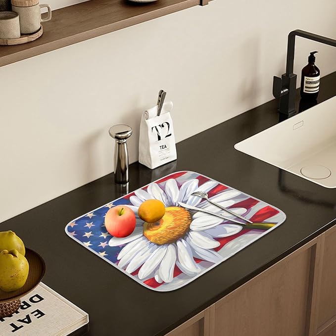 Daisy Flowers and American Flag Dish Drying Mat for Kitchen Ccounter Absorbent Microfiber Small Drying Pad Dish Mats for Kitchen Countertops 16 x 18 Inch