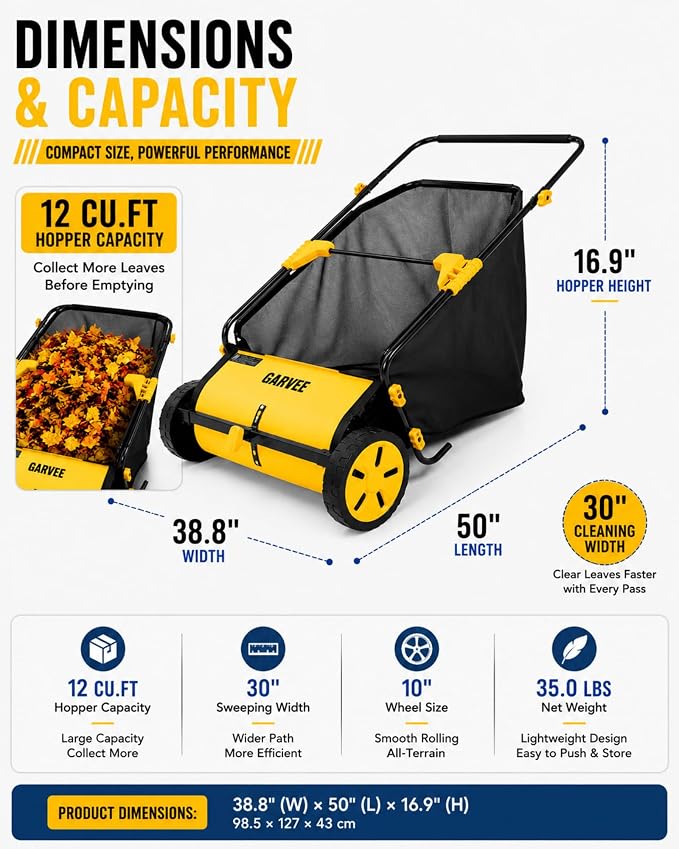 30 Inch Push Lawn Sweeper with Large 12 cu ft Mesh Collection Bag | Heavy Duty Steel Frame, 10" Rubber Wheels, 4 Spinning Brushes, Manual Height Adjustment for Leaves, Grass and Yard Debris
