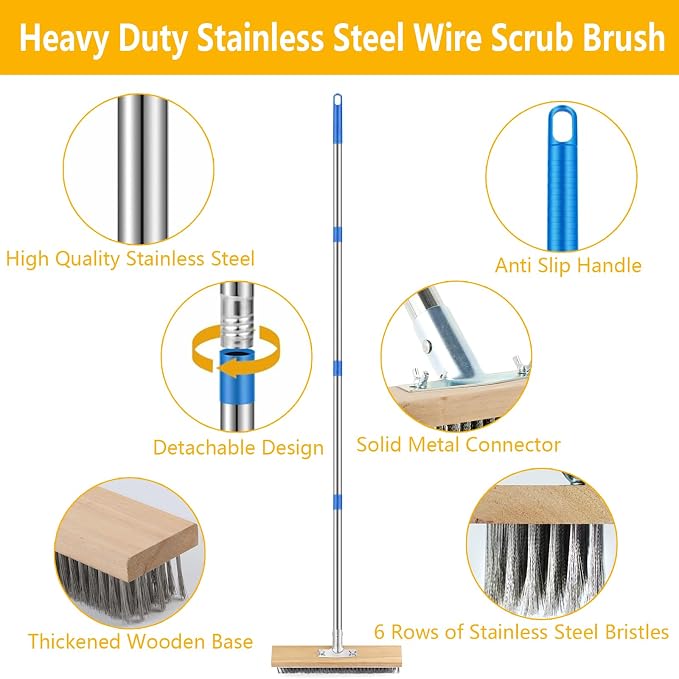 Stainless Steel Deck Brushes for Scrubbing Heavy Duty, 65" Deck Scrub Brush with Long Handle - Concrete Scrub Brush Stiff Metal Bristle Concrete Brush for Cleaning Moss Patio Garage Garden Pool Floor