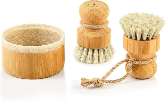 SUBEKYU Bamboo Dish Brush Set with Soap Holder, Wooden Dish Scrubber with Soap Dispenser, Natural Kitchen Scrub Brush, Washing Pot/Pans/Cast Iron, 2 Pack, Sisal Bristles