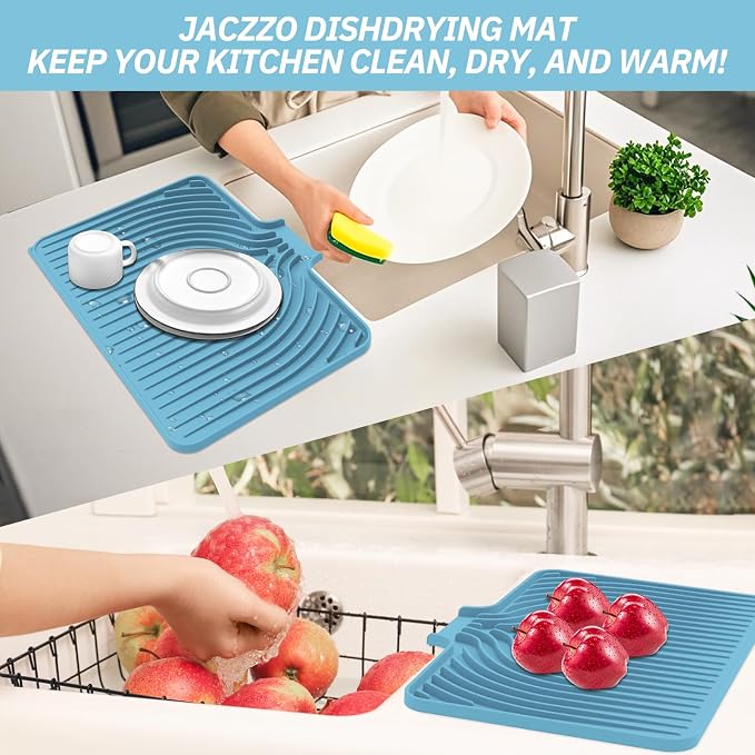 Dish Drying Mat for Kitchen Counter, with Built-in Drain Lip, Food-Grade Silicone, Easy Clean Pad for Countertop Protection, Multi-Functional Use (18x11.8, Light Blue)