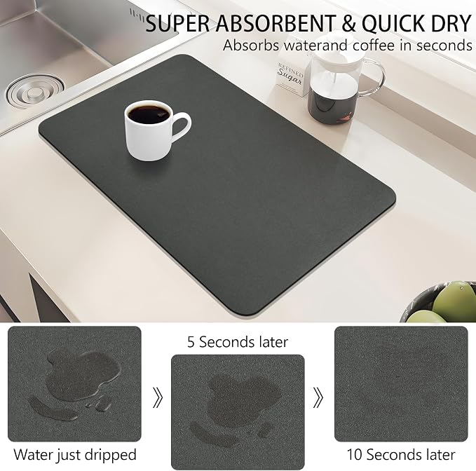 Dish Drying Mat for Kitchen Counter, 16“ x 24” Super Absorbent Kitchen Dish Drying Pad, Coffee Bar Mat with Rubber Backed, Coffee Bar Accessories for Countertop Dishes Utensils, Dark Gray