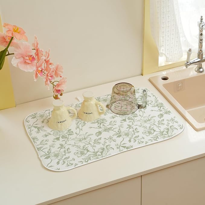 Sage Green Floral Dish Drying Mat 18 x 24 Inch Vintage Light Green Floral Drying Mat for Kitchen Counter Absorbent Spring Summer Flowers Dishes Dry Pad for Drainer Rack Kitchen Fast Dry