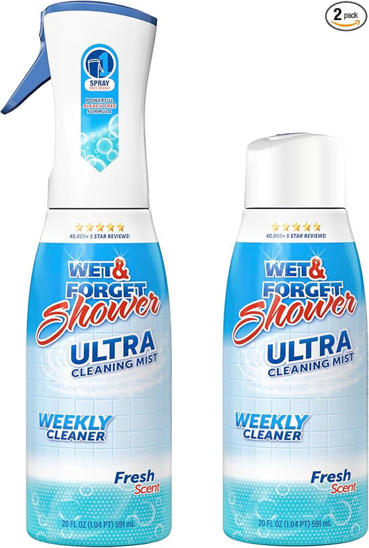 WET & FORGET Shower Ultra Cleaner Mist Fresh Scent No-Scrub Weekly Bathroom Spray for Fiberglass, Tile, Glass, Grout & More, 1 Spray and 1 Refill, 20oz each