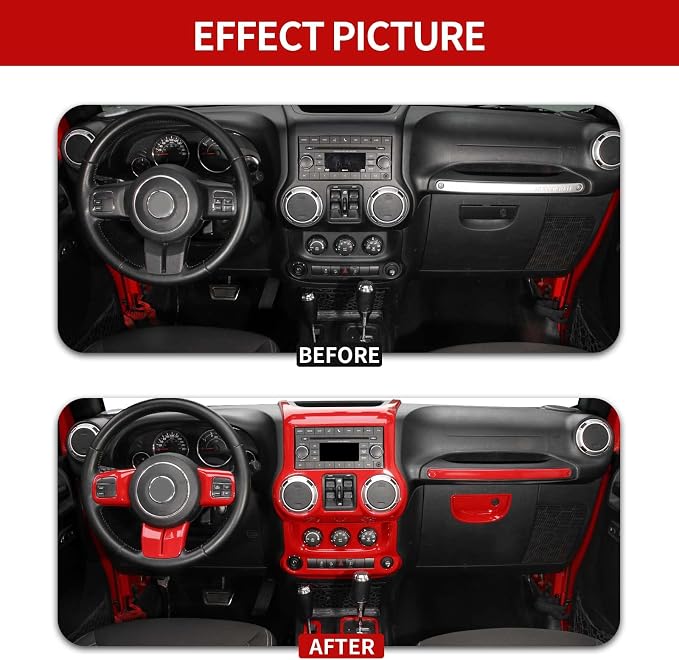 RT-TCZ 10PCS JK Interior Accessories Trim Kit for Jeep Wrangler 2011-2017 | Red JKU Center Console Dashboard Cover, Steering Wheel Decal, Gear Shift Panel, ABS Plastic, Tape-Easy Install