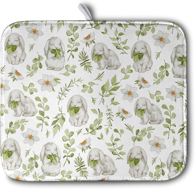 Easter Bunny Floral Drying Mat for Kitchen Counter Spring Easter Rabbits Green Leaves Dry Dish Mat Absorbent Microfiber Dish Draining Washable Dish Drainer Rack Mat 16x18 Inch