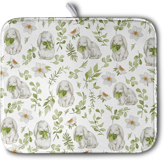 Easter Bunny Floral Drying Mat for Kitchen Counter Spring Easter Rabbits Green Leaves Dry Dish Mat Absorbent Microfiber Dish Draining Washable Dish Drainer Rack Mat 16x18 Inch