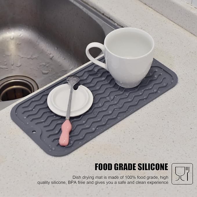 Silicone Dish Drying Mat, Non-Slip Easy Clean Sink Mat Large Heat-resistant Dish Drainer Mat for Kitchen Counter, Sink, Refrigerator or Drawer liner (12" x 6", GREY)