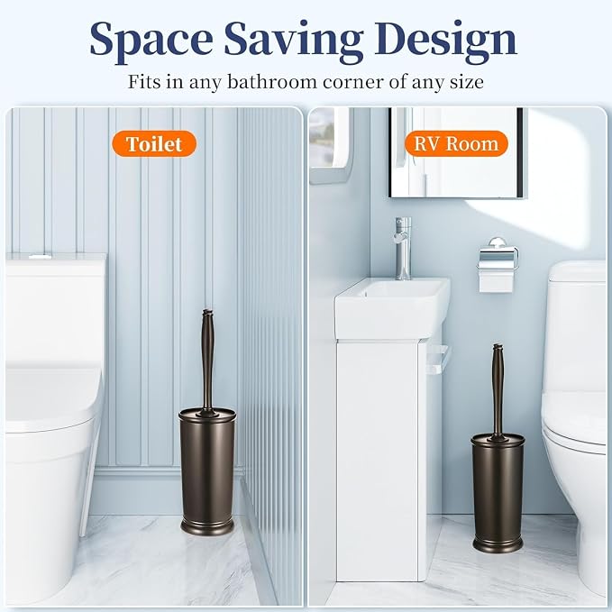 HAMITOR Toilet Bowl Brush Holder Set: Classic Round Bristle Head Deep Cleaning Cleaner Scrubber with Tall Caddy for Restroom - Home Bathroom Decor Accessories - Bronze 3 Pack