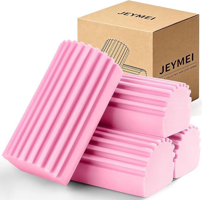 Jeymei Damp Clean Duster Sponge,4Pcs Pink Dust Sponge for Cleaning | Damp Dusting Sponge with Ridges,Baseboard Cleaning Tool,Reusable Wet Duster Sponge,Household Cleaning Sponges for Blinds