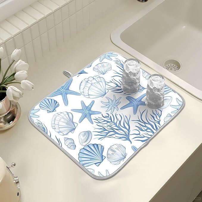 Nautical Coastal Dish Drying Mat for Kitchen Counter Absorbent Microfiber Large Summer Ocean Themed Seashell Coral Starfish Drying Pad Dish Mats for Kitchen Countertops 18 x 24 Inch