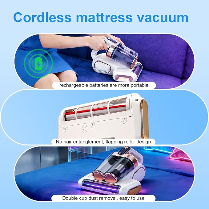 Cordless Mattress Vacuum Cleaner with UV-C Light - Advanced Dust Removal & Deep Cleaning Technology for Beds, Sofas, Carpets, Pet Hair and Household Dust, Handheld sofa Vacuum Cleaner for Home Use