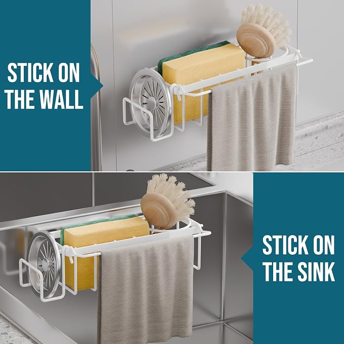 TAILI Sponge Holder with Strong Suction Cup, 4-in-1 Rustproof Sink Organizer - Sink Caddy Holds Sponges, Brushes, Stoppers & Scrapers -White