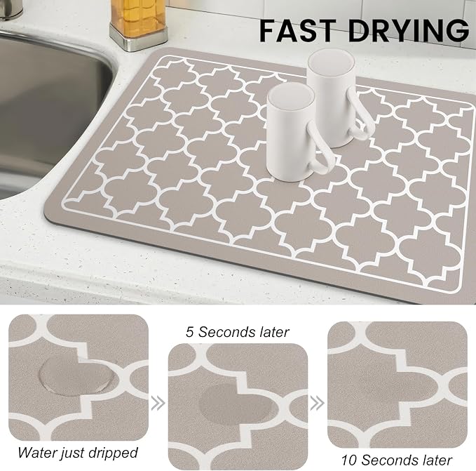 WISELIFE Dish Drying Mat Super Absorbent Drying Mat Large Dish Drying Mats for Kitchen Counter Easy Clean Dish Mat Kitchen Drying Mat16"x 24" Stylish Khaki