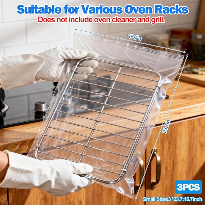 Palksky Oven Rack Cleaning Bags, 15.7 x 23.7 in Heavy Duty No Scrub Bags for Use with Oven Cleaner, Reusable Leak-Resistant PE Bags for Grill Grates & BBQ Racks, No Cleaner Included, 3 Pack