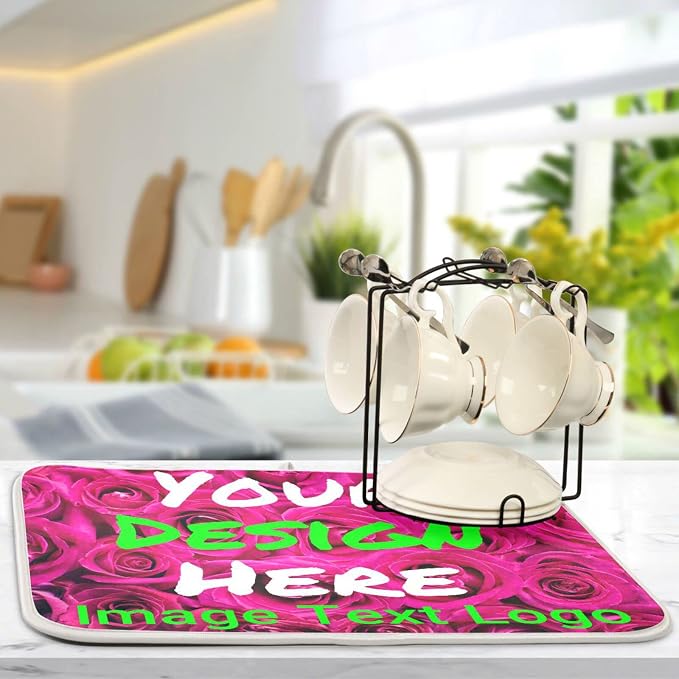 Personalized Dish Drying Mat for Kitchen Counter, Custom Drying Pad with Image Logo Text, Drainer Mats for Countertop for Travel Festivals Family Memories, Large 18" x 24"