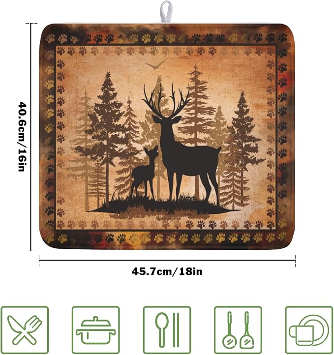 Giwawa Forest Deer Dish Drying Mat Wildlife Animal Dishes Pad 16"x18" Microfiber Absorbent Fast Dry Drainer Rack Mats for Kitchen Countertop Decor