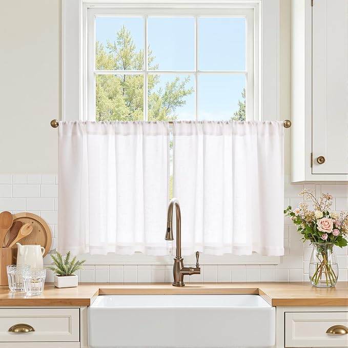 jinchan Linen Kitchen Tier Curtains, 38x24, 2 Panels, Beige White | Light filtering, linen blend, rod pocket, farmhouse style, rustic decor, kitchen, bathroom, laundry room, RV, small windows