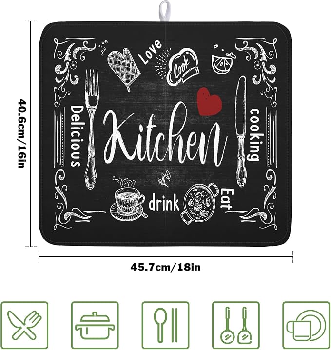 Dish Drying Mats for Kitchen Counter 16 x 18 Inch, Kitchen Drying Mat,Black Coffee Bar Dishes Pad Dish Drainer Rack Mats Absorbent Fast Dry Kitchen Accessories