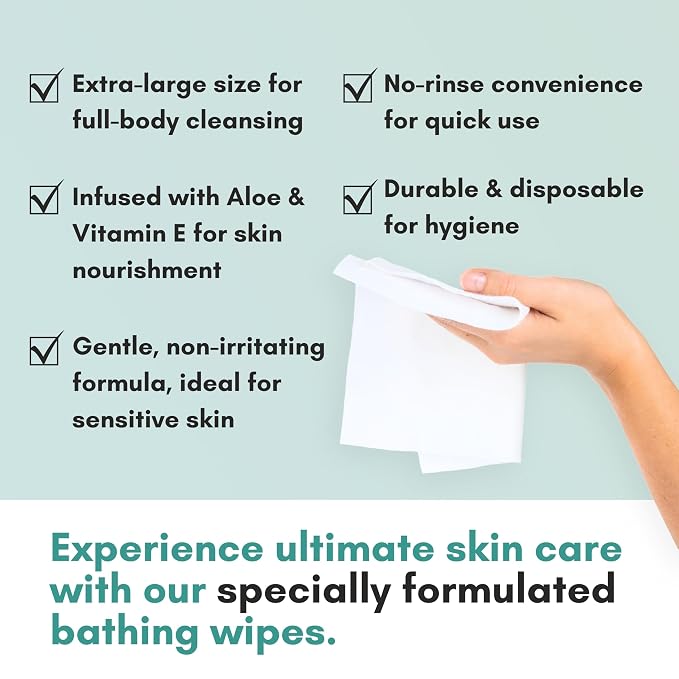 Nurture XL Ultra Thick Body Wipes for Adults with Aloe No Rinse Cleansing | 40 Extra Large Disposable Cloth Wet Cleansing, No Rinse Bathing Washcloths, Waterless Shower Towels for Elderly & Bedridden
