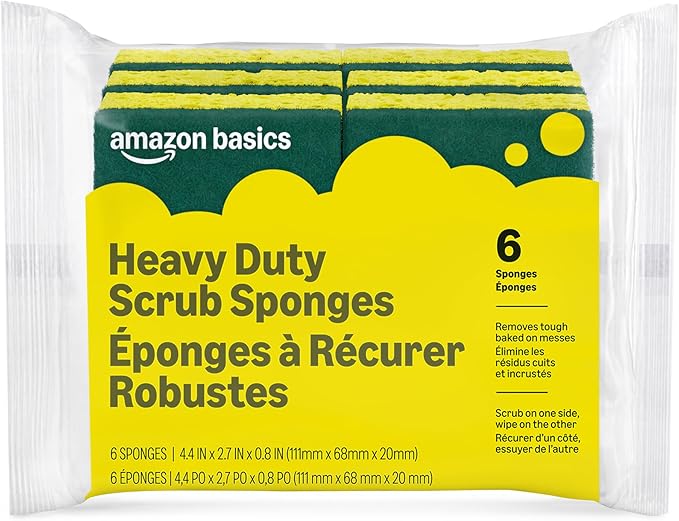 Amazon Basics Heavy Duty Dual-Sided Scrub Sponges, Reusable, 4.4 x 2.7 x 0.8 in, Yellow/Green, 6-Pack