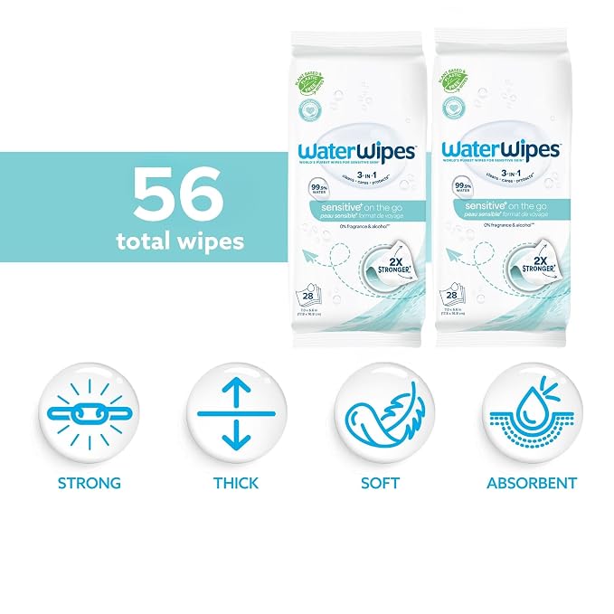WaterWipes Sensitive+ On The Go Wipes, 3-In-1 Cleans, Cares, Protects, 99.9% Water, Unscented & Hypoallergenic Wet Wipes, 28 Count (Pack of 2)