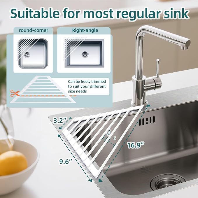 Ohuhu Corner Sink Strainer, Sponge Holder for Kitchen Sink Organizer - Silicone Wrapped Steel Anti Slip Rust Triangle Over the Sink Roll-UP Dish Drying Rack Caddy Kitchen Sink Accessories