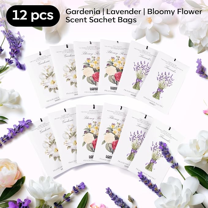 MYARO 12 Packs Scented Sachets for Drawer and Closet, Long-Lasting Potpourri Bags Closet Air Freshener Home Fragrance Sachet 3 Scents Options- Lavender, Bloomy Flower, Gardenia