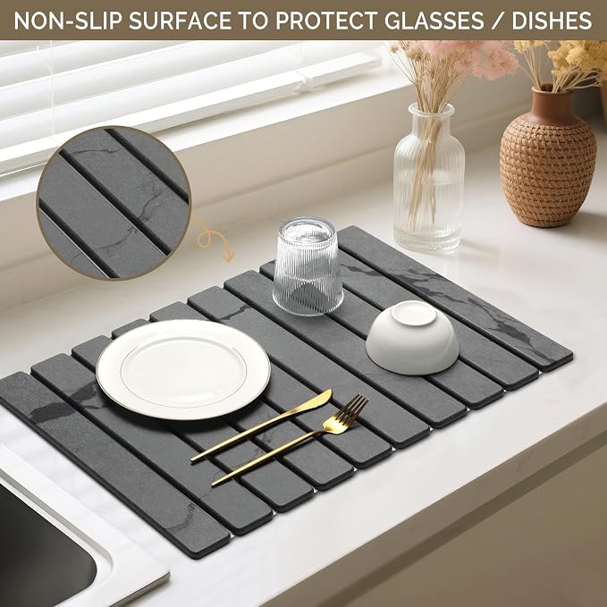 Stone Dish Drying Mat, Large Foldable Stone Drying Mat for Kitchen Counter & Bathroom, Quick Dry Organizer Pad Suitable for Plate Rack Utensils, Apartment Home Essentials Decor (Dark Gray 24"×16")