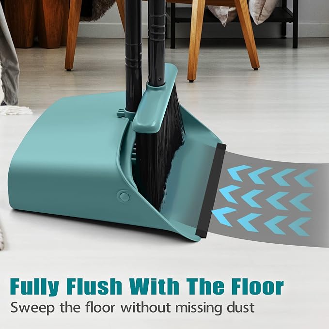 JEHONN Broom with Dustpan Combo Set, Long Handle Lightweight Indoor Broom Set, Upright Standing Dust Pan with Comb Teeth Store Sweep Set for Home Room Kitchen Office Lobby (Grey-Green)