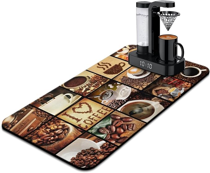 Coffee Mat 17inx31.5in, Coffee Bar Mat for Countertops, Absorbent, Hide Stain, Anti-Slip, Dish Drying Mat