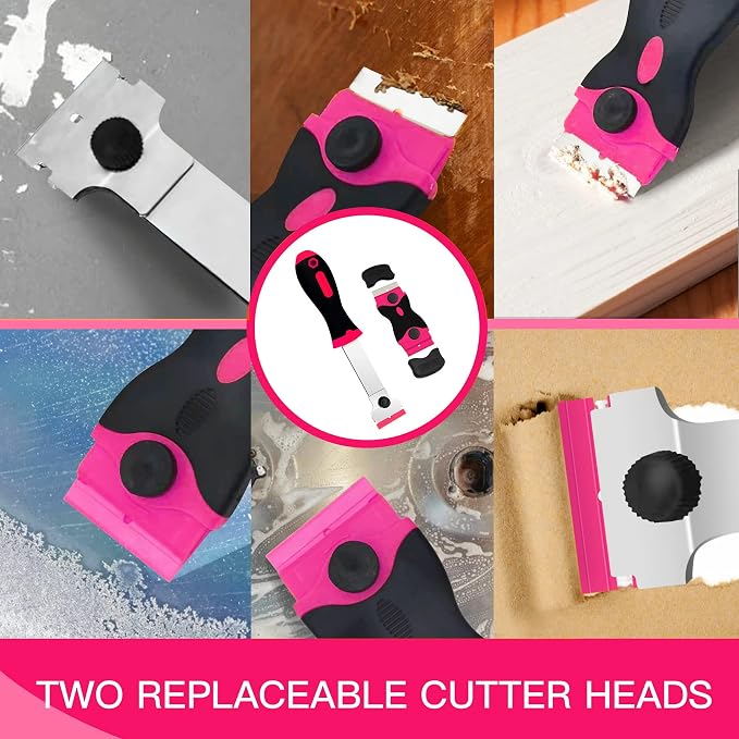 DEKEones Razor Blade Scraper, 2 PCS Razor Scraper Tool for Removing Label, Registration Sticker, Tint, Grease from Windshield, Appliance, Glass（Pink）