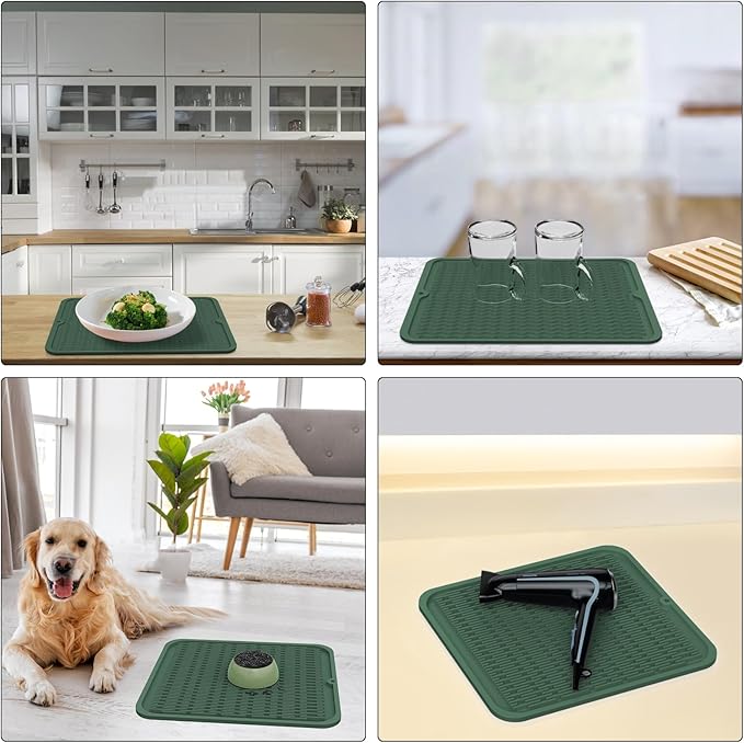ZLR Silicone Dish Drying Mat for Kitchen Counter (12" x 16" / 307 x 405mm) - Large Fast-Dry Drainer Mat with Raised Wavy Ridges & 5mm Lip - Non-Slip, Heat Resistant 450°F, BPA-Free (Dark Green)